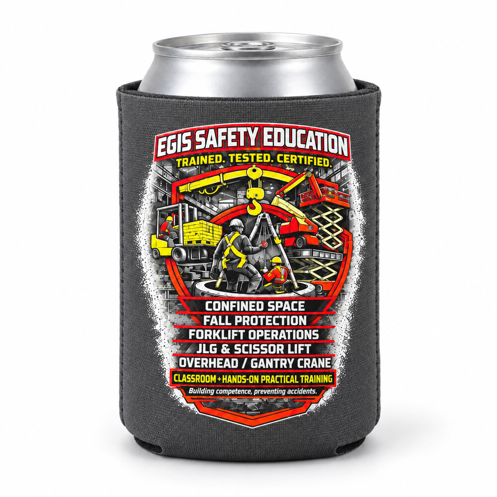 EGIS can koozie with industrial safety artwork