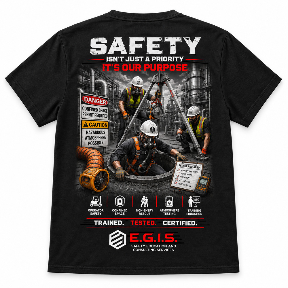 Black EGIS Safety Is Our Purpose — Confined Space T-shirt with the design printed on the back