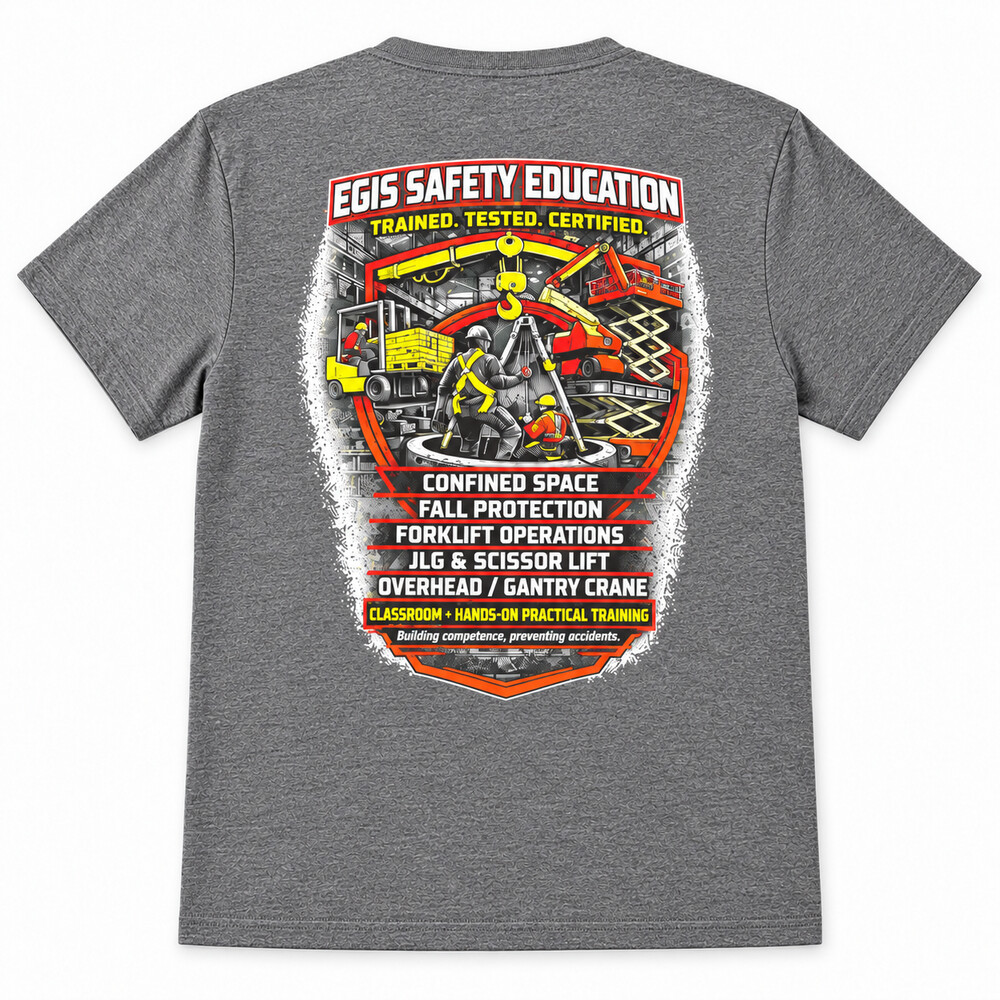 Grey EGIS Safety Education shirt showing the design printed on the back